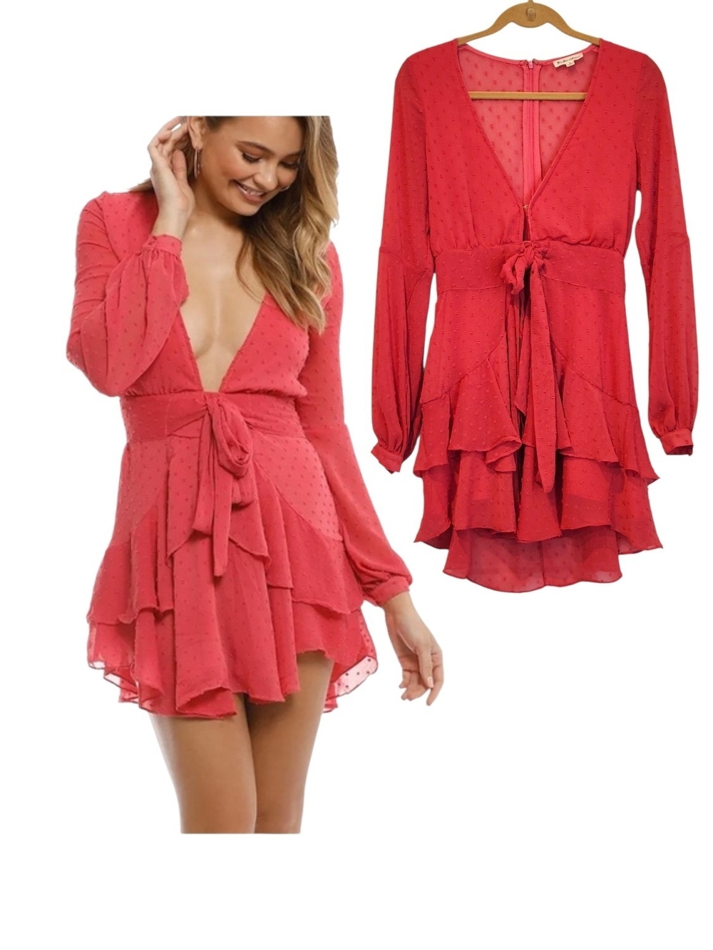 For Love & Lemons Tarta Flamingo Swiss Dot Deep V Neck LS Tiered Ruffle Dress S